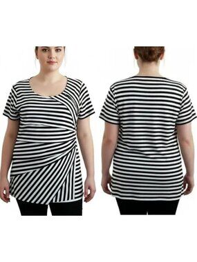 VERVE AMI Women's Black & White Striped Asymmetric Draped Blouse Size Large